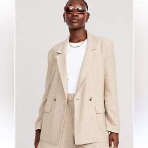 Old Navy Double-Breasted Linen Blend Blazer | Neutral Beige Suit Jacket